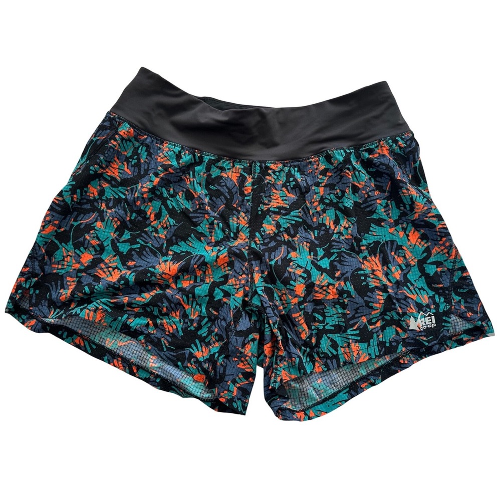 REI Co-op Womens Swiftland 5" Running Shorts Abstract Print Black Orange Medium